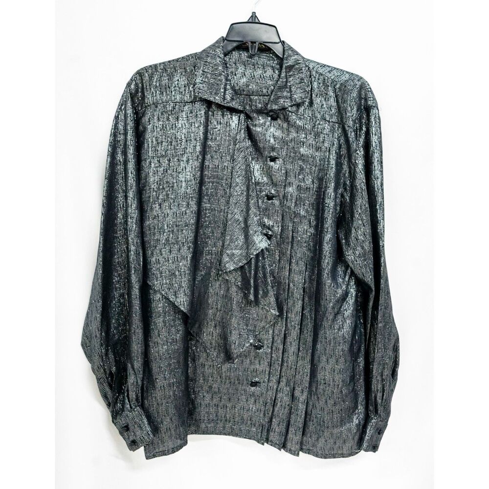 Vintage Escada Designer Gunmetal Silver Silk Metallic Disco Dress Shirt 38 8 M